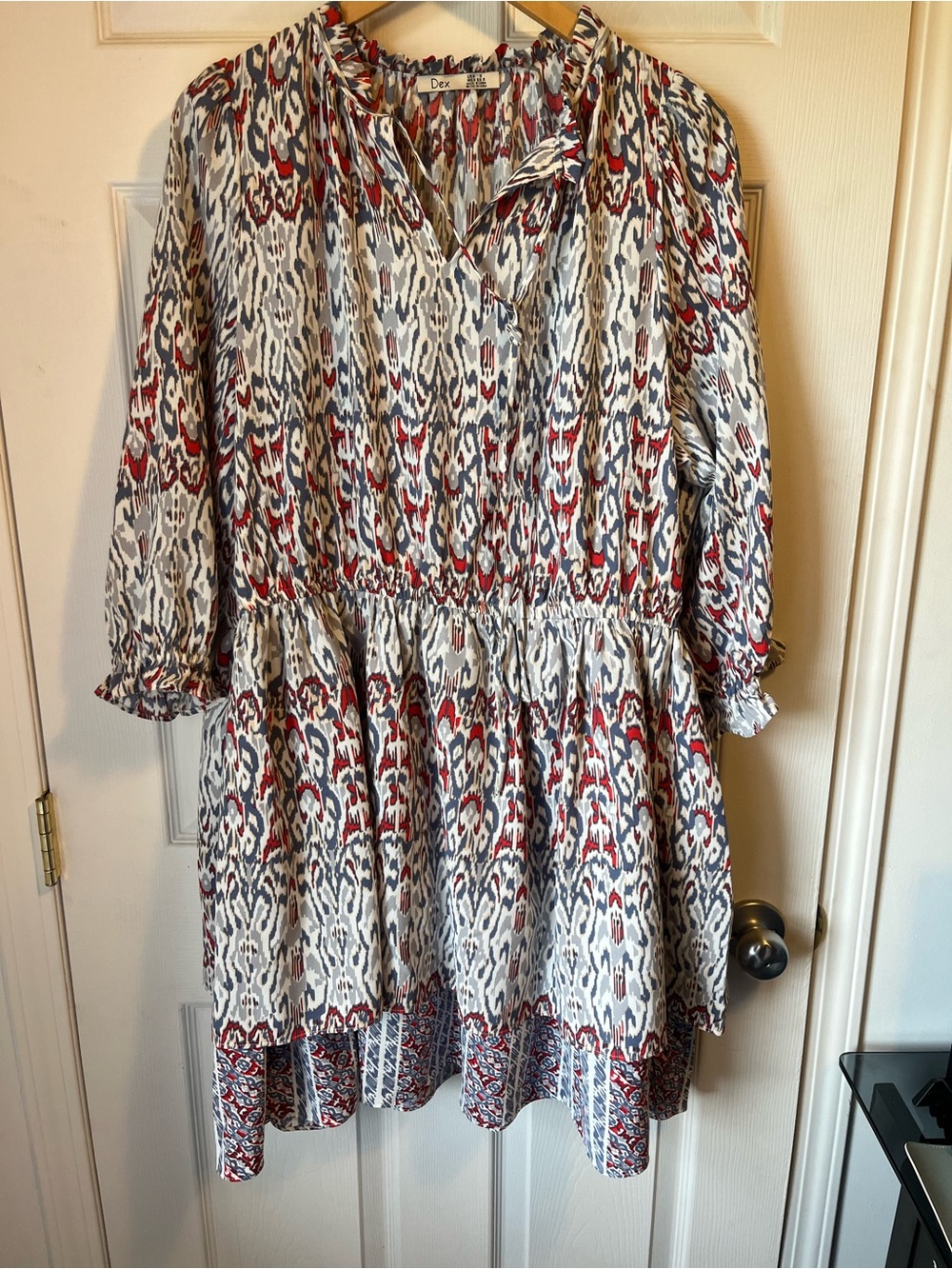 Dex White Dress with Red and Navy Abstract Print